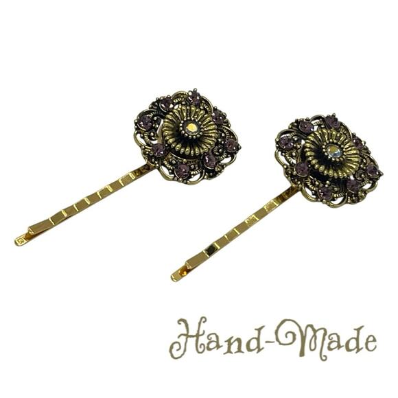Handmade Brown Rhinestone Gold Set Hair Clips HoCo Wedding Fairy Jewelry NWT - Picture 1 of 6